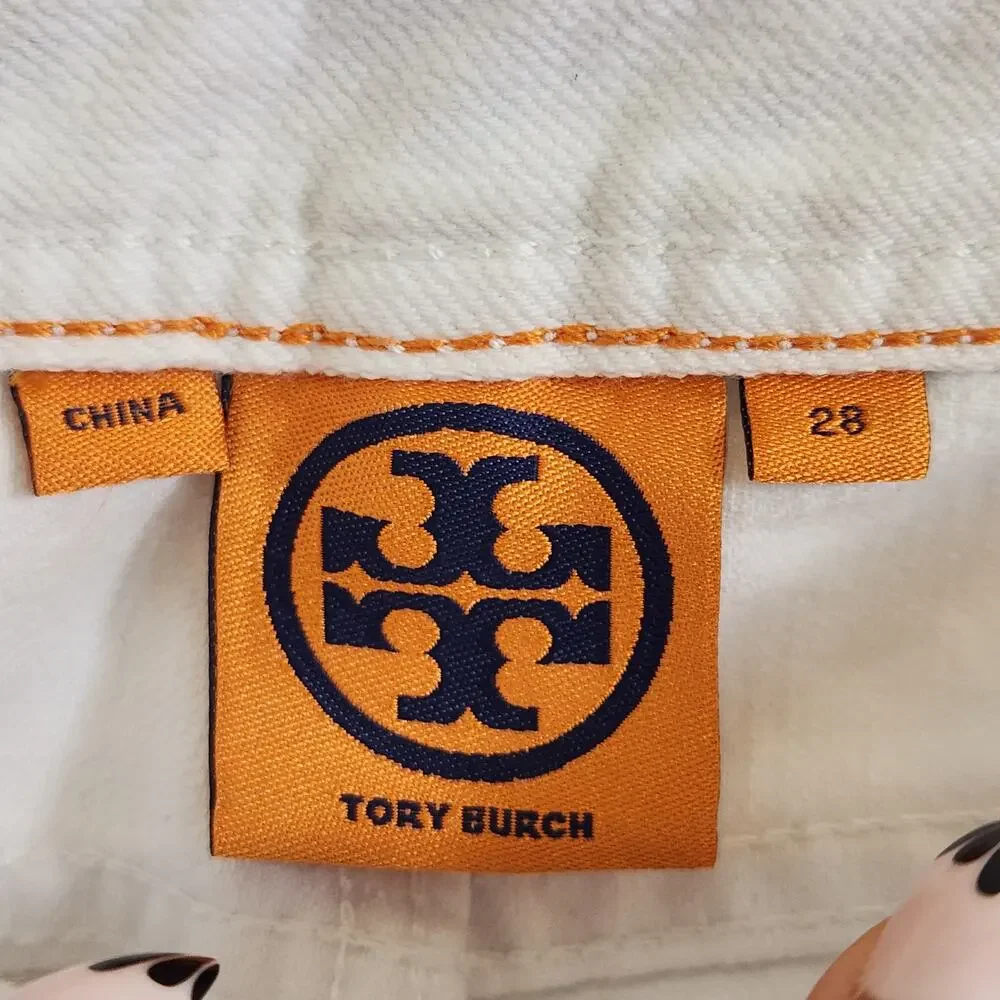 Tory Burch White Cropped Slim Boot Cut Jeans Size 28 Luxury Denim Logo Pockets